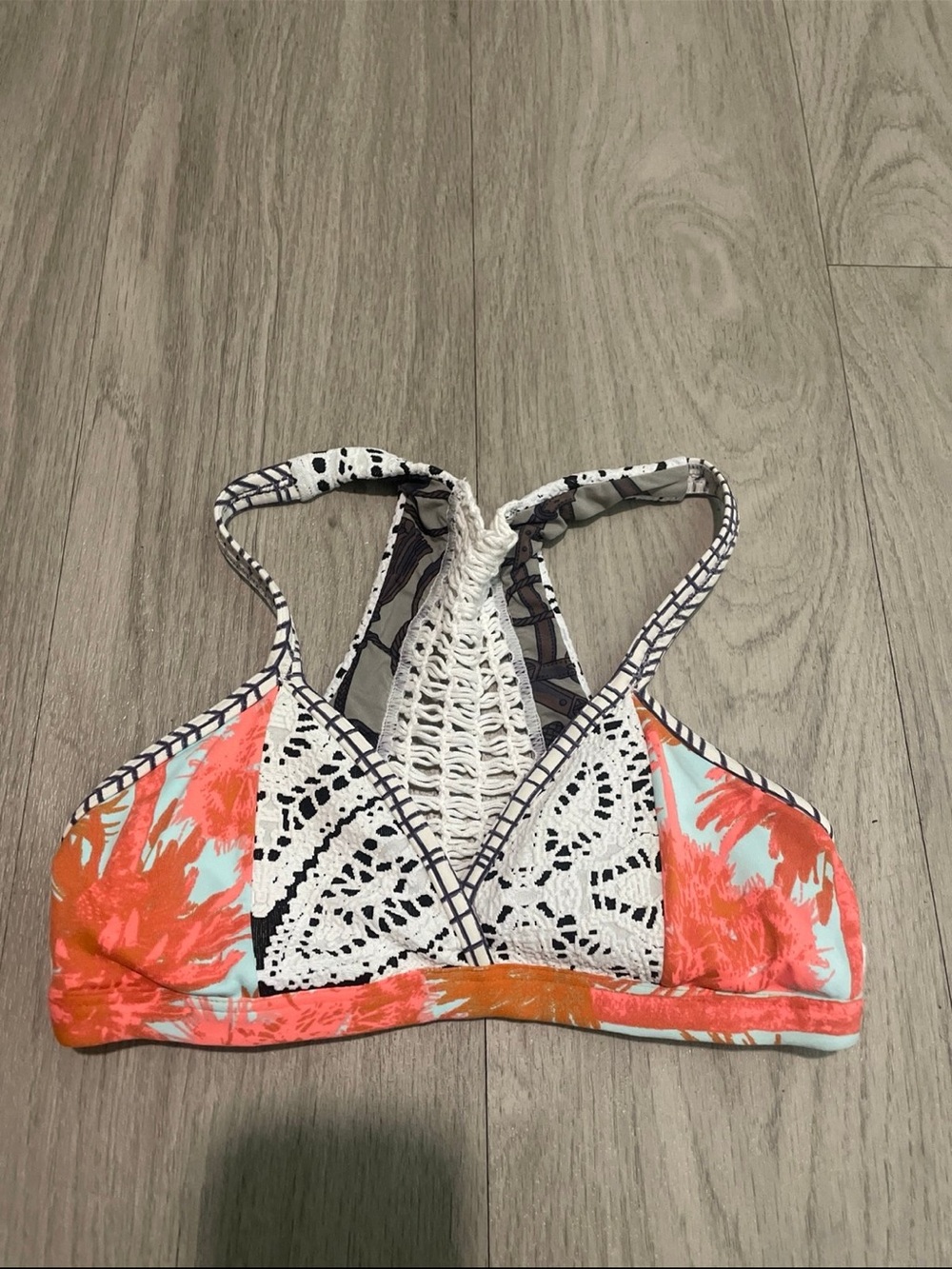 Maaji Coral, White & Aqua Crochet-Front Bikini Top